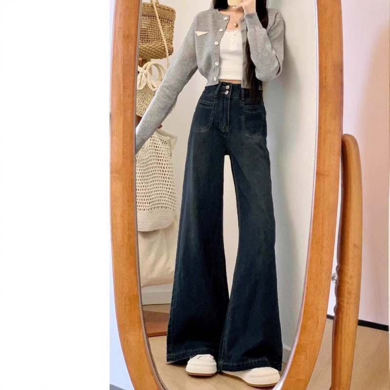 深蓝色慵懒松弛感牛仔裤女秋季大码胖mm梨形身材宽松显瘦阔腿裤子|undefined