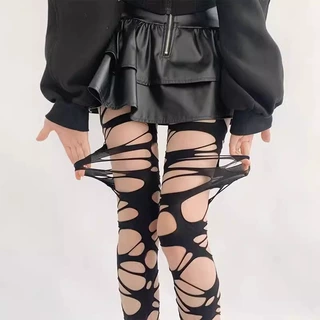 跨境专供渔网袜女性感黑色丝袜朋克风勒肉破洞绷带黑丝袜y2k袜子