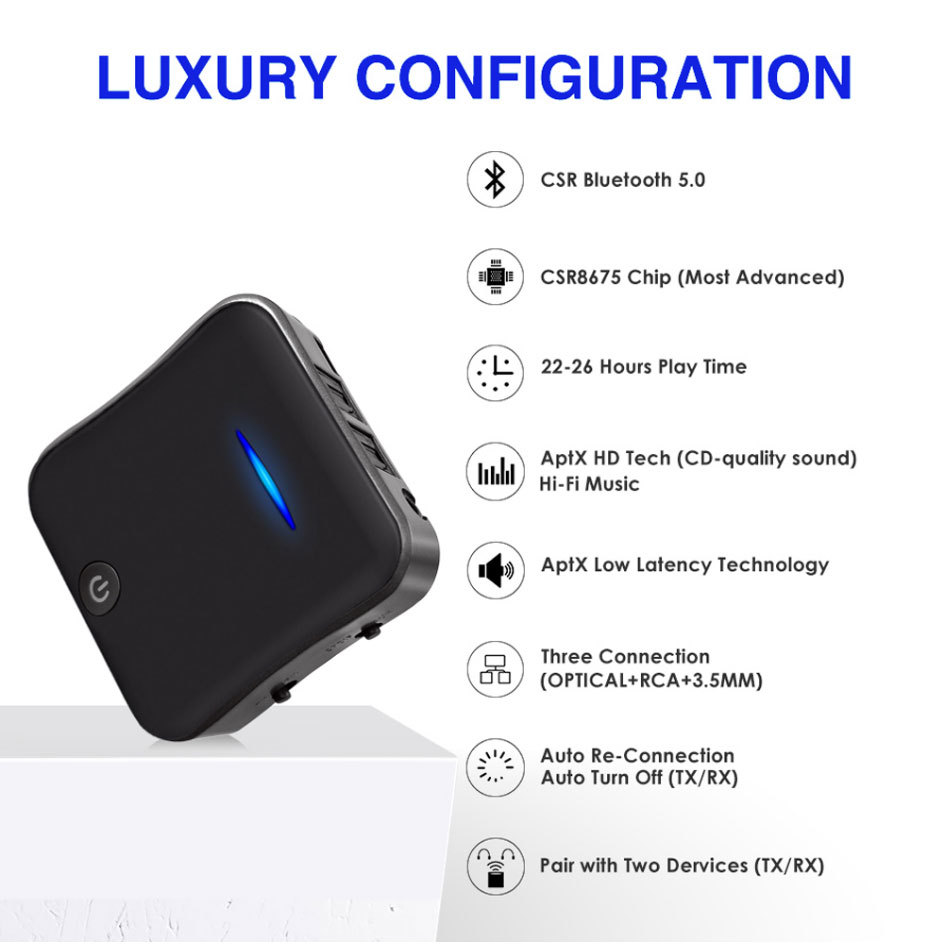 Transmisor de fibra óptica receptor Bluetooth 2-en-1 CSR8675 HD sin pérdida de calidad de sonido amplificador de coche