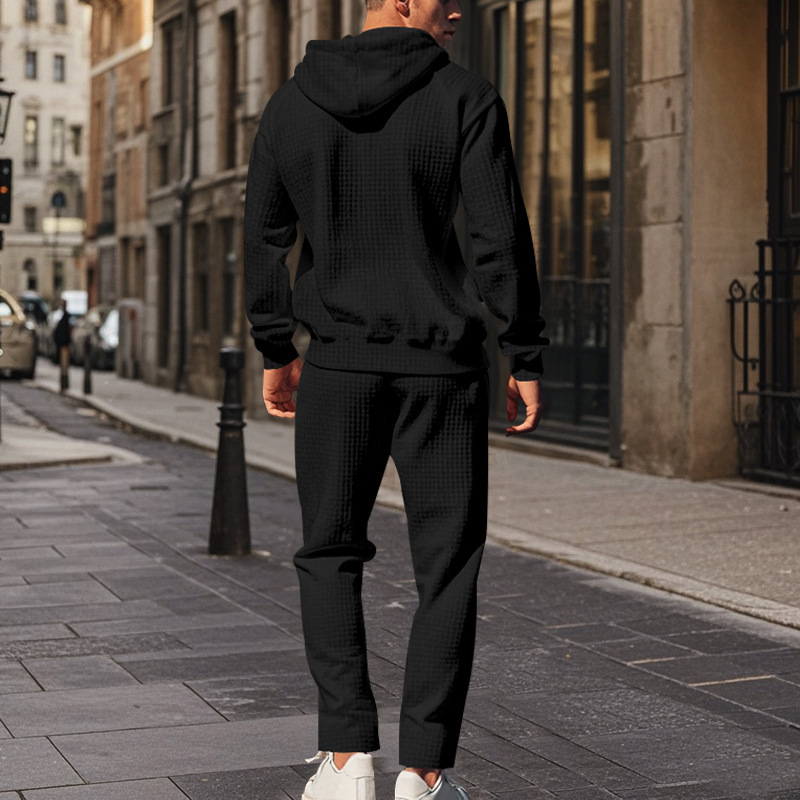 Men's Clothing heavy jacquard small square long sleeved trousers hooded suit _voghion.com