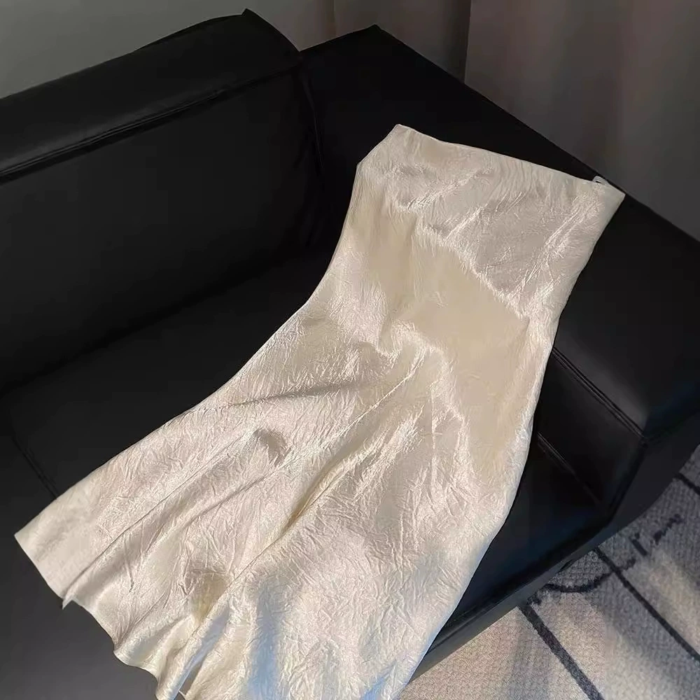 Новая женская юбка с перламутровой белой плиссированной текстурой в стиле шинуазри, новая утягивающая юбка трапециевидной формы средней длины с высокой талией и рыбьим хвостом