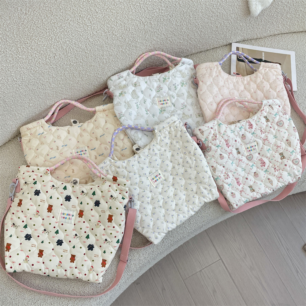 Bolsa feminina acolchoada de algodão com estampa de desenho animado coreano para outono/inverno, pode ser usada como bolsa de mão, de ombro ou transversal em lona._voghion.com