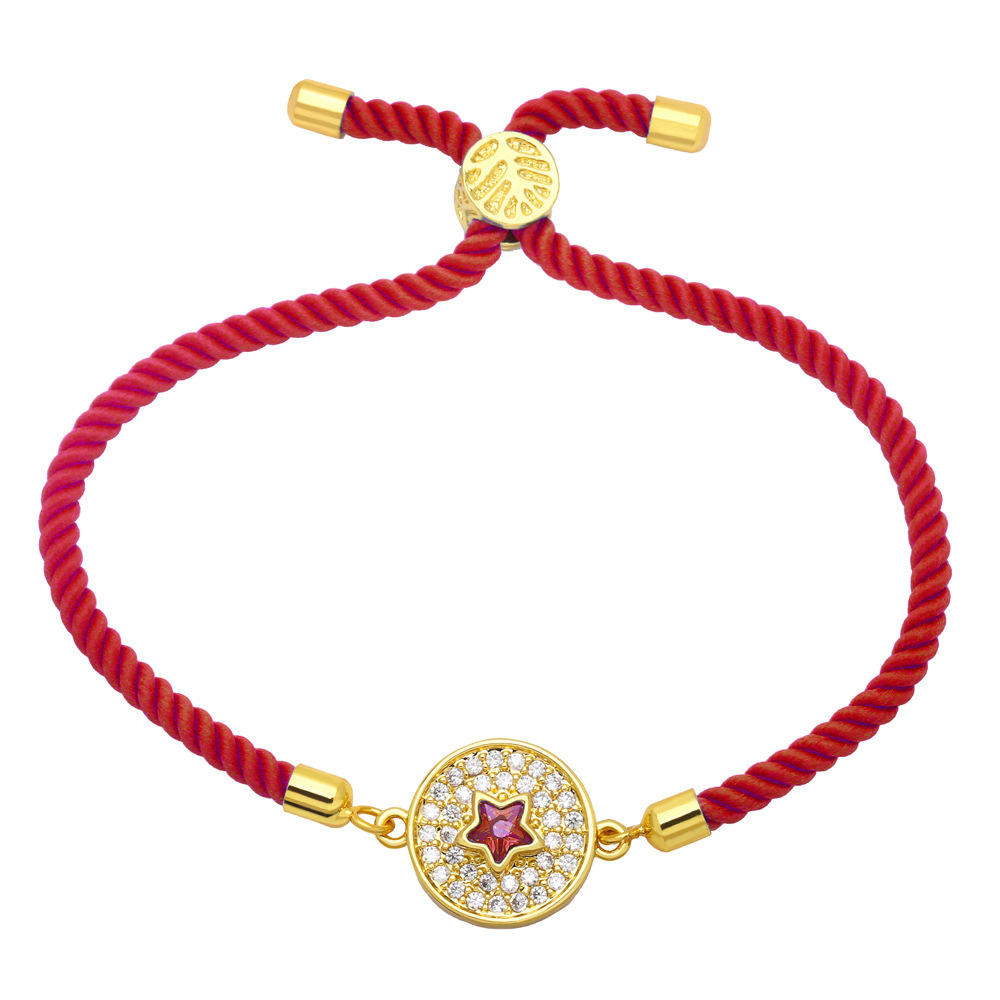 Simple Contrast Color Copper 18K Gold-plated Inlaid Zircon round Five-Pointed Star Bracelet