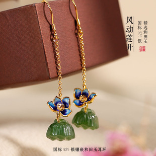 高温珐琅莲花碧玉耳坠耳钩S925纯银和田玉莲蓬耳环古风耳环中国风-阿里巴巴