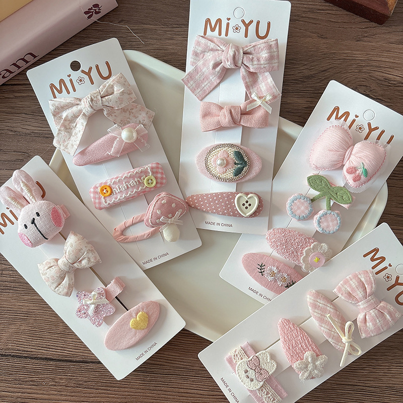 4 Pink Sweet and Versatile Fabric Bow Girl Heart Bangs Hairpin Hairpin Girl Side Bb Clip