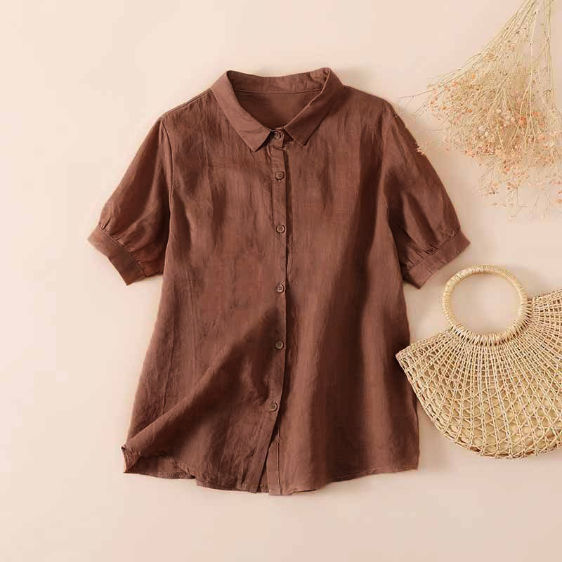 Southeast Asia Cross-border Summer New Retro Loose Slim Lapel Shirt Women's Solid Color Button Short-sleeved Shirt Top