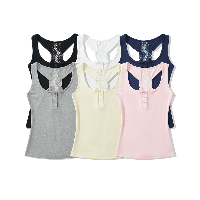 Cross-border Summer Women's Back Lace Perspective Threaded Elastic Vest Neckline Button Outer Wear Base Color Sling