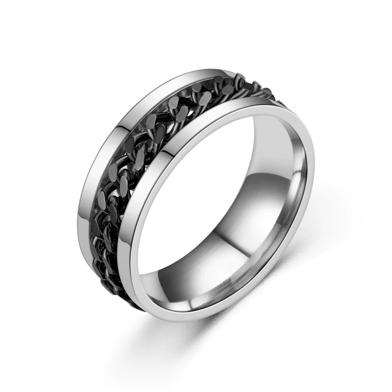 Stainless steel ring with chain inlay, multi‑color plating, sizes 6–13