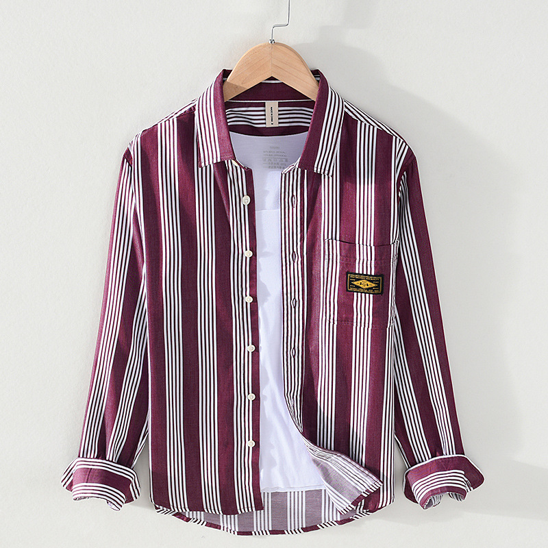 Nova camisa de algodão listrada casual masculina japonesa para primavera e verão, bolso solto para jovens, gola quadrada, camisa de manga comprida para homens_voghion.com