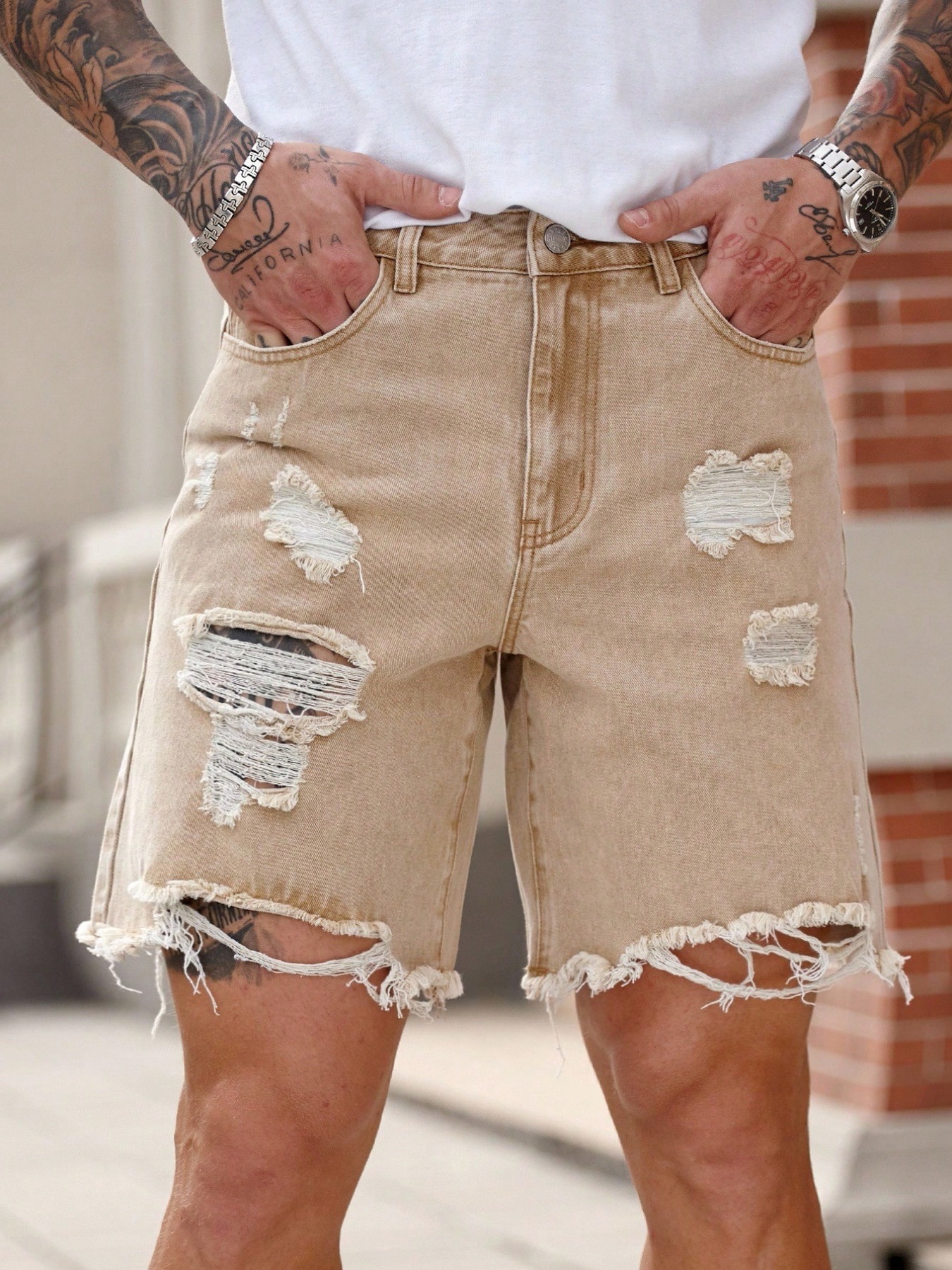 Khaki Denim Shorts For Men Distressed Details Frayed Edges Casual Five Point Design Summer Fashion American Style_viptrois.com