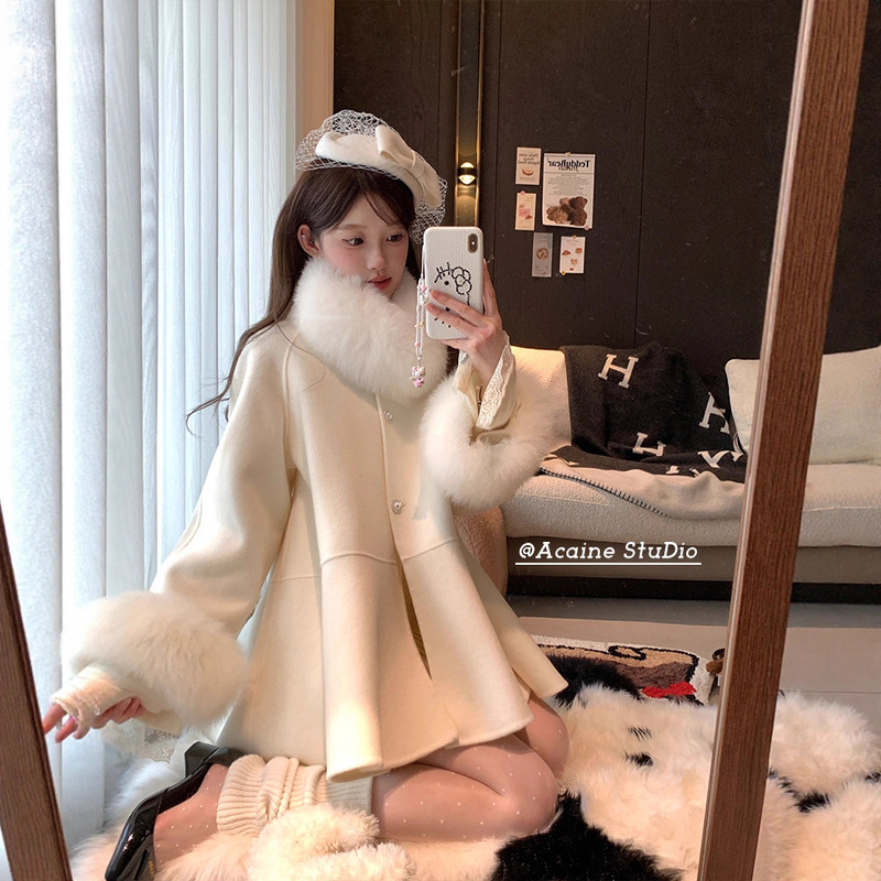 25 New Autumn and Winter Fox Fur Collar Double-Sided Cashmere Outwear for Women, Rich Daughter Skirt, High-End Woolen Outwear
