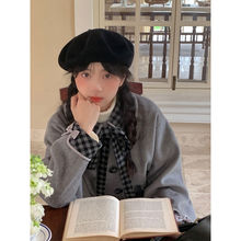 灰色秋冬宽松中长款甜美可爱毛呢外套秋冬新款系带格子加厚大衣女