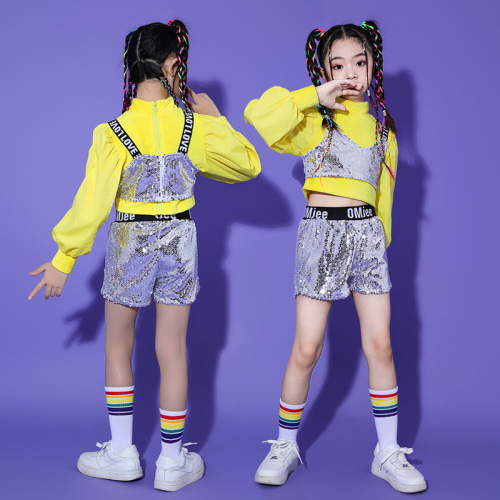 Children's yellow silver sequins jazz hiphop street dance costumes for girl sequin modern gogo dancers dance clothing set model show party choir outfits for kids