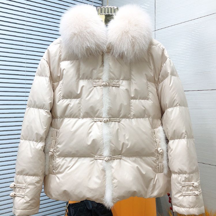 中国风复古盘扣狐狸毛领皮草羽绒服女短款小个子水貂毛白鸭绒外套