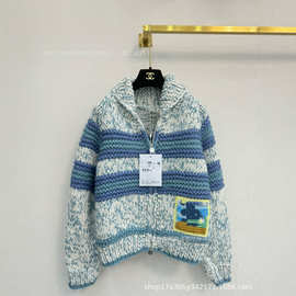 25秋冬新款南油高定CH小香风复古减龄蓝色条纹翻领针织开衫外套女