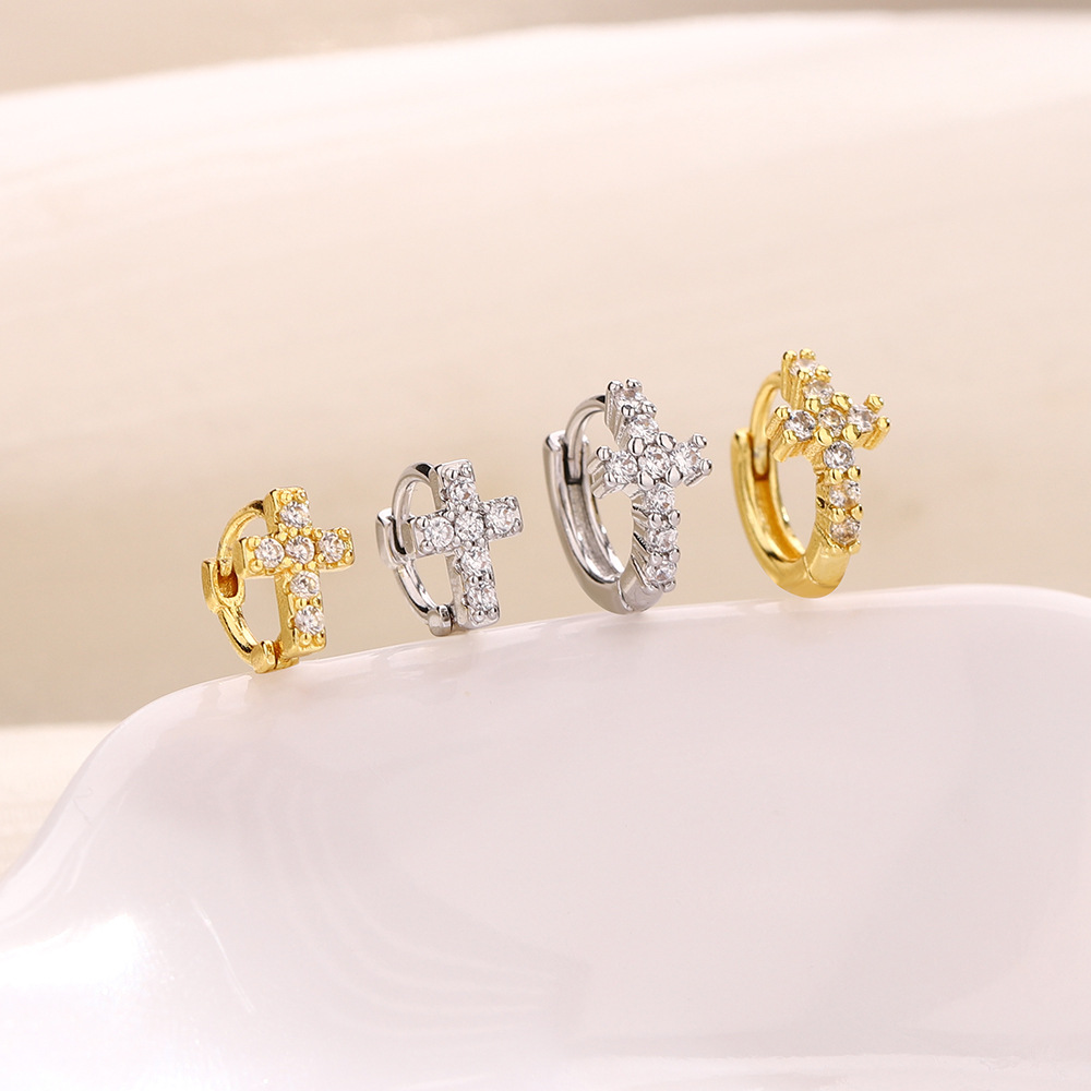 Sparkling Diamond Cross Hoop Earrings Unisex Geometric Jewellery_voghion.com