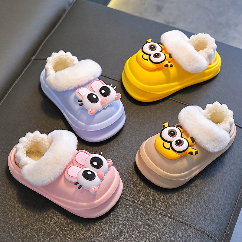 Zapatillas de algodón para niños, niños y niñas, invierno, calentamiento de pelusa en el hogar, bolsas impermeables para bebés, zapatos de algodón