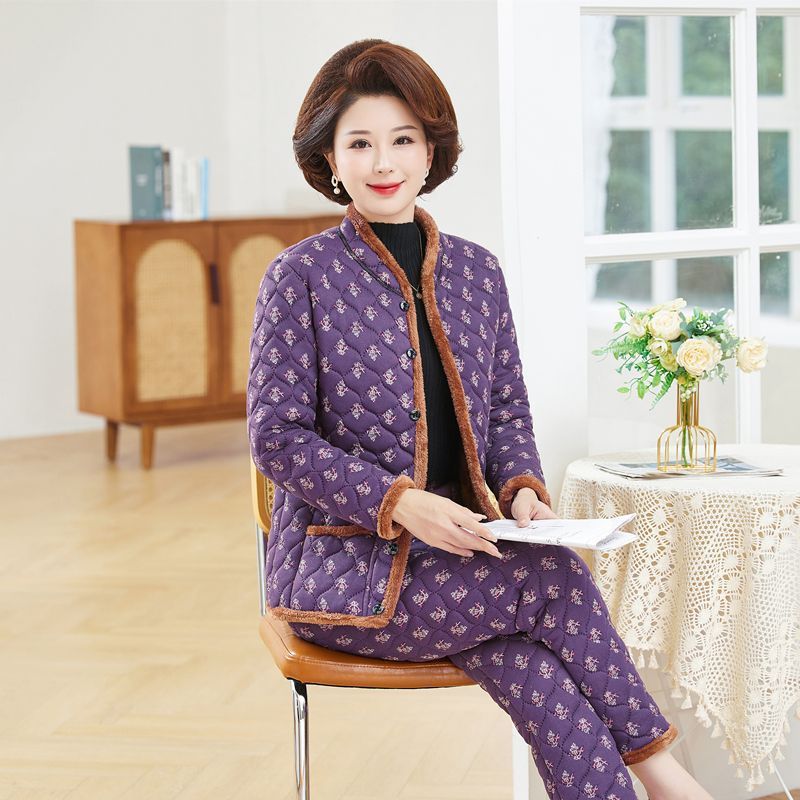 三件套保暖套装中年女装冬季新款蚕丝棉外穿高档棉服妈妈装两件套|undefined