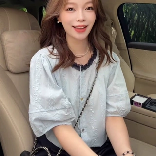 设计撞色超好看圆领短袖衬衫夏季甜美刺绣泡泡袖漂亮小衫潮长袖