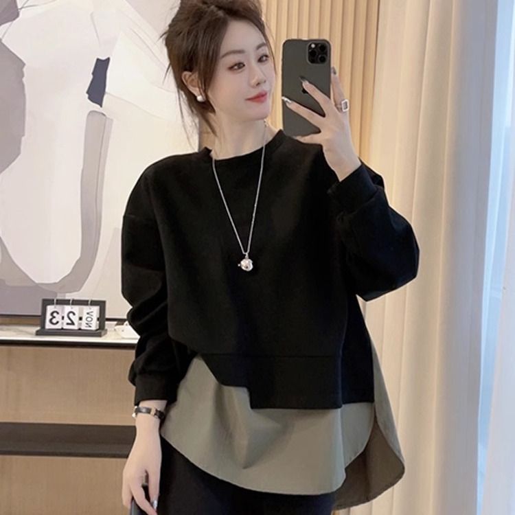 大码设计拼接假两件卫衣女秋季新款胖MM宽松显瘦中长款上衣300斤|undefined