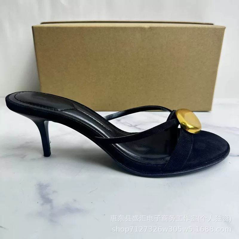 ZA2025 new women's shoes, black metal detail buckle decoration round toe stiletto heel fashion one-strip sandals for women
