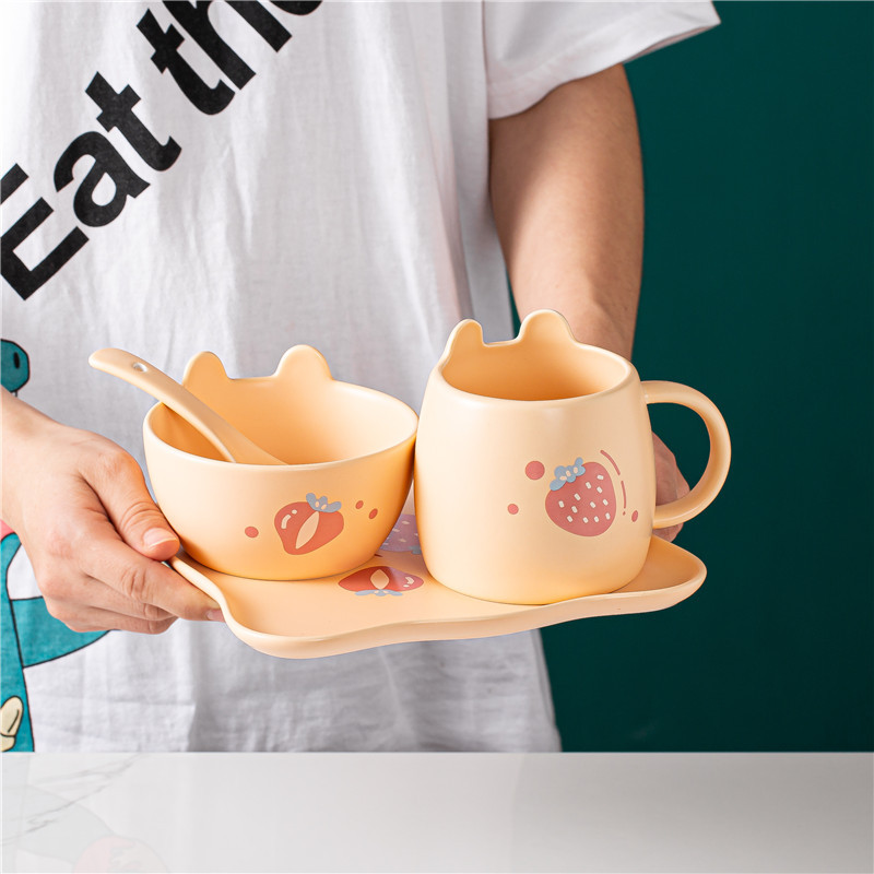 Juego de 4 piezas de vajilla de cerámica con diseño de frutas - Para niños y bebés - Apto para horno - Incluye platos y tazón de sopa