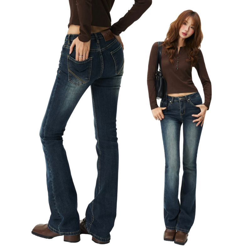 Campus-style American retro low-waist flared jeans, slim-fit, stretchy, versatile, new autumn/winter denim for women, cotton