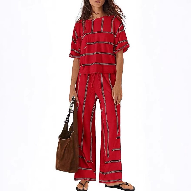 Amazon Women's Striped Casual Set 2-Piece Vacation Outfit Short Sleeve Top and Wide-Leg Pants for Travel