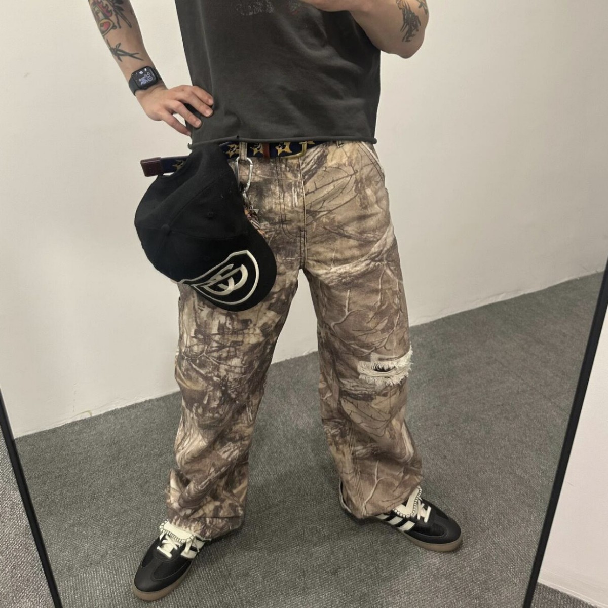 ERD 우울한 부자 2세대 죽은 나무 위장 오래된 나무 가지와 잎 느슨한 작업복 바지 벌목 바지 남녀공용