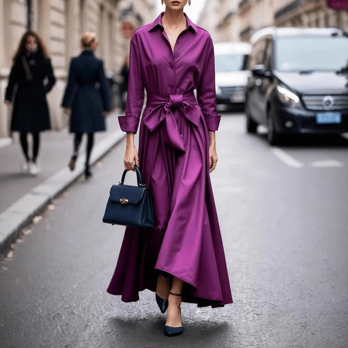 European and American women's clothing independent stand long-sleeved solid color lace lapel dress coat long skirt coat