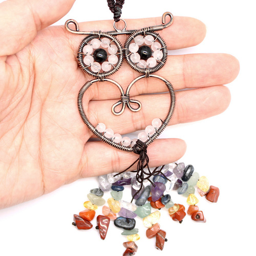 Foreign Trade Jewelry Wholesale Natural Colorful Crystal Bronze Owl Car Hanging Aventurine Crystal Keychain
