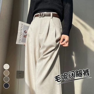 实拍2025秋冬新款加绒毛呢阔腿裤直筒拖地裤高腰窄版休闲裤女