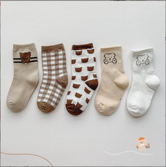 秋季新款韓系兒童襪子可愛卡通格子小熊拼色男女童短襪5雙組潮襪
