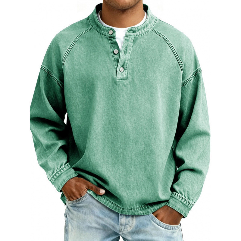 2025 Amazon Cross-Border Autumn and Winter New Men's Henry Collar Long-Sleeved Slim Fit Distressed Washed Pullover Casual Shirt