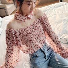 小清新碎花雪纺衫女春秋新款韩版喇叭袖拼接网纱打底衫上衣潮
