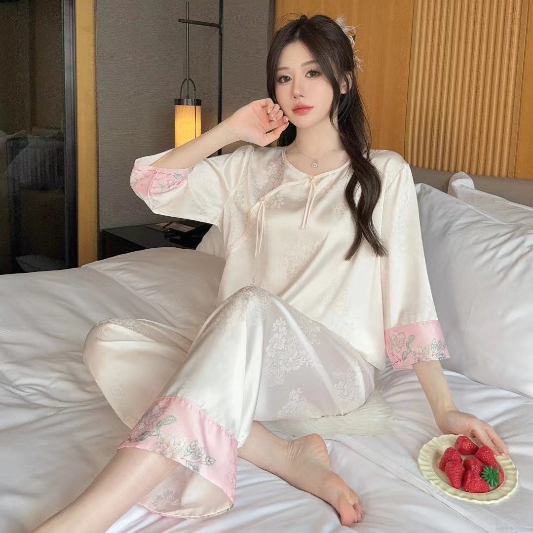 2024 Summer New Arrival Pajamas Women's Ice Silk New Chinese-Style Printed Flower Long-Sleeved Trousers Suit Home Clothes for Hair