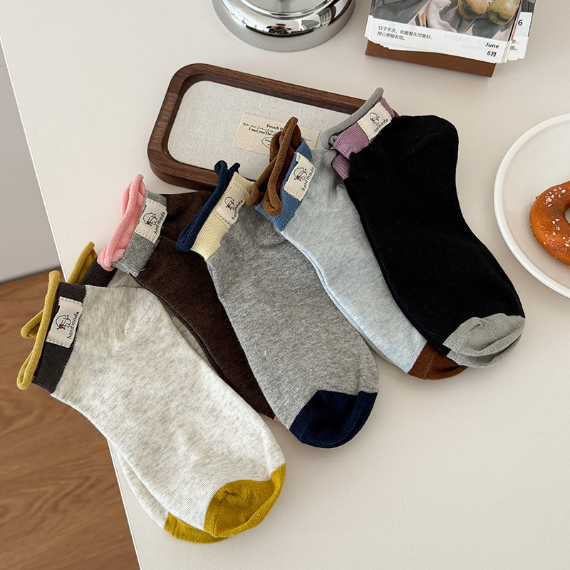 Spring and Summer Thin Cartoon Dog Pattern Cute Short Socks Breathable Spliced Double Ribbed College Style Sports Ankle Socks for Women
