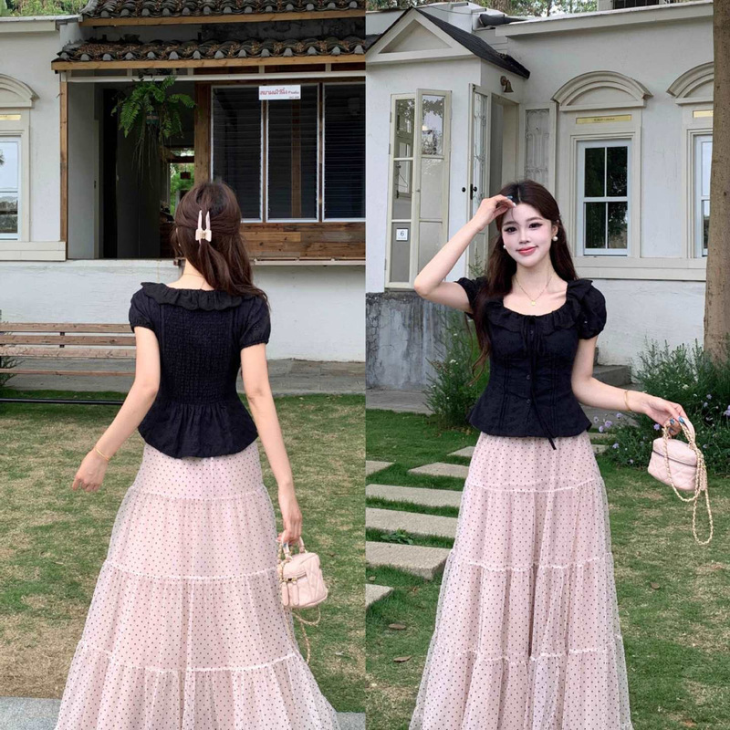 Plus-Size Women's Lace Patchwork Ruched Top + Elastic Waist Polka Dot Skirt High-Waisted A-Line Slimming Long Skirt Set