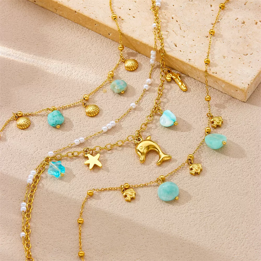 时尚跨境新款沙滩海洋风贝壳海豚海星叠戴链条双层不锈钢脚链女
