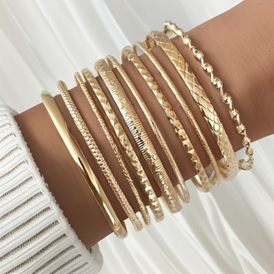 European and American fashion new personality fashion embossed twist geometric multi-layer stacked bracelet 10-piece set of decorations wholesale