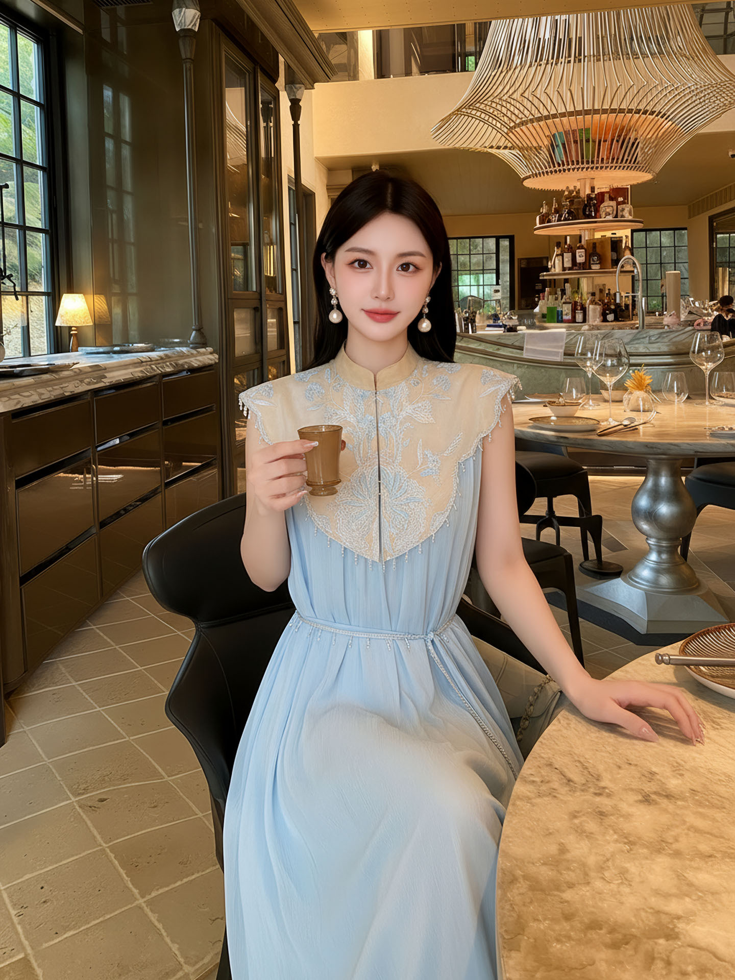 Đầm maxi nữ thêu hoa tân cổ điển tay ngắn có áo choàng vai — Xanh dương【có áo choàng vai】