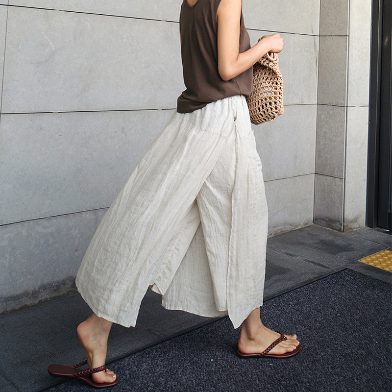Artistic retro elegant cropped culottes thin fake two-piece cotton and linen loose slimming split wide-leg straight pants