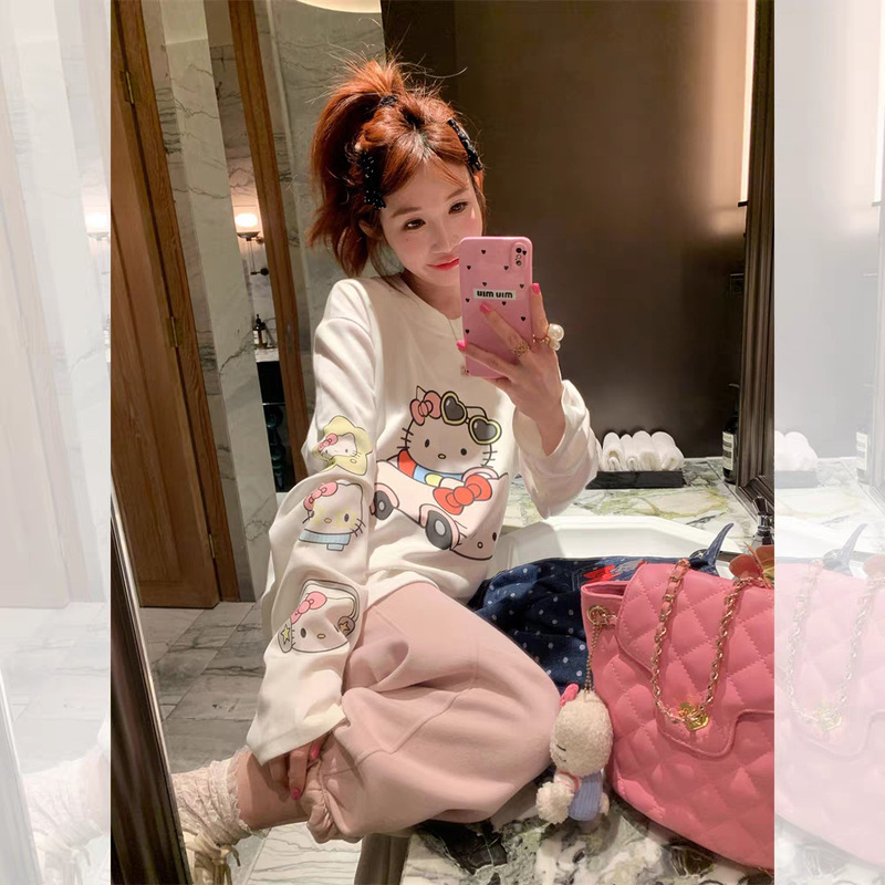 2025 Summer Pure Cotton Top Cute Print Loose Round Neck Versatile Comfortable Elegant Commuter Kitty Cat