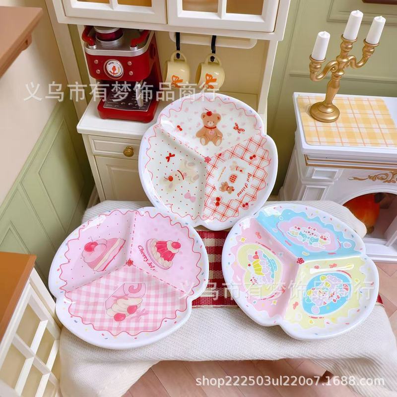 仿真微缩食玩小熊圆形三格盘子diy材料奶油胶饰品配件捏捏装饰盘|undefined