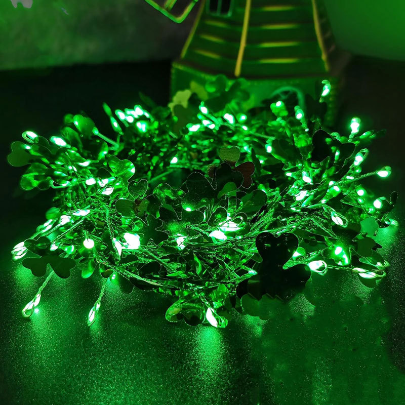 St. Patrick's Day Green Led Light String Clover Aluminum Foil Four-leaf Clover Metal Twisted Irish Decorative Light