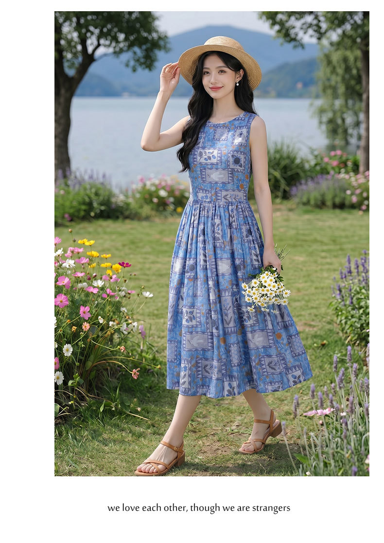 Đầm maxi nữ họa tiết hoa nhí không tay cổ tròn dáng suông thắt eo — Màu ảnh chi tiết 10