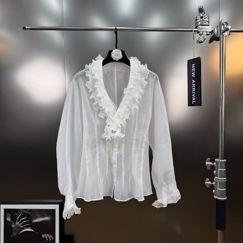 Autumn French Design Niche Fungus Lace Collar Ribbon Waist Long-Sleeved White Lotus Leaf Shirt