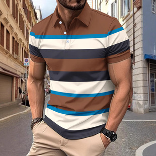 2025 Amazon New Cross-border Men's Casual Polo Shirt V-neck Button Business Stripe All-match T-shirt Top
