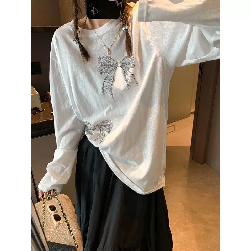 摩且 时髦少女 甜系氛围感蕾丝蝴蝶结印花圆领T恤打底衫 MQ0466