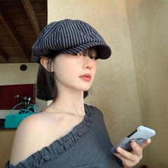 日本のレトロなストライプの芸術的なベレー帽、顔が小さい女性用、通気性のある日よけ、日焼け止め、大きな頭囲の八角形の帽子、トレンディです。